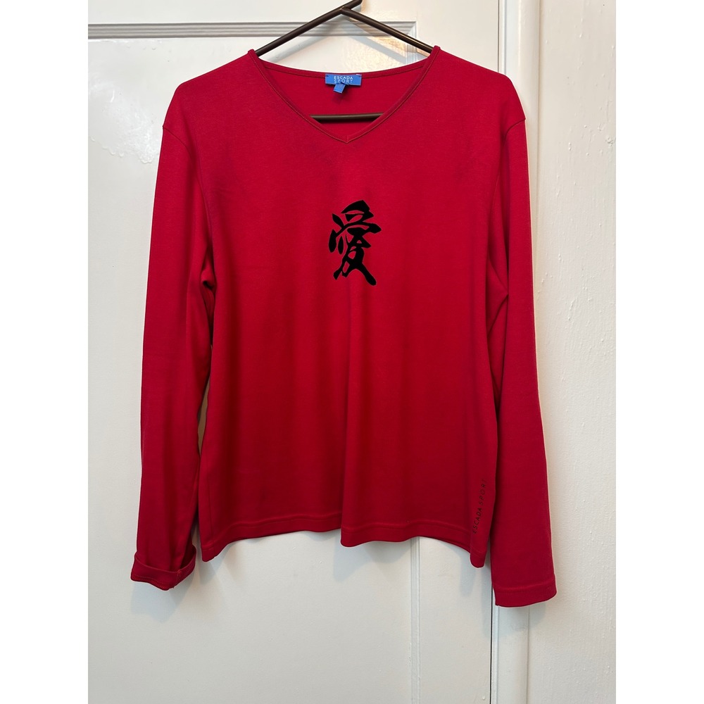 Escada Sport Red Cotton V-Neck Long Sleeve Kanji Love Graphic Top XL knit tee